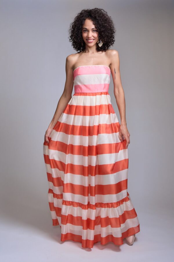 Vestido maxi strapless a rayas - Carola Pino Boutique