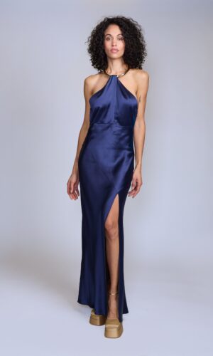 Vestido de fiesta en satén azul marino - Carola Pino Boutique