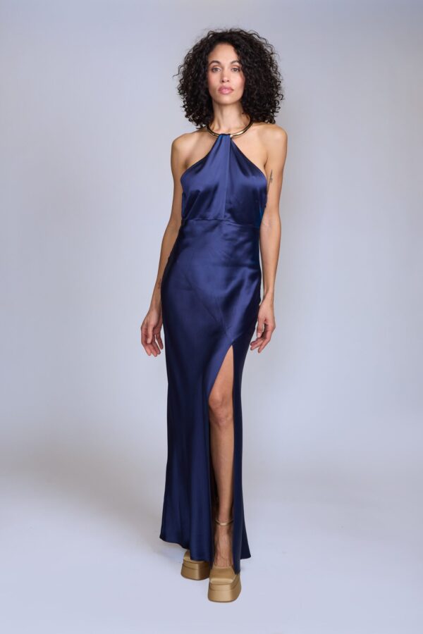 Vestido de fiesta en satén azul marino - Carola Pino Boutique