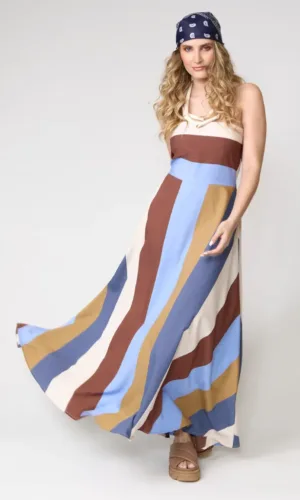 Vestido strapless de rayas diagonales multicolor