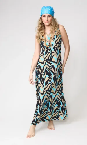 Vestido largo estampado en tonos negro, beige y turquesa