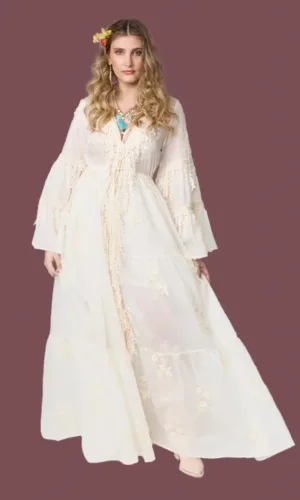 Vestido 7 túnica maxi blanco bordado con mangas acampanadas